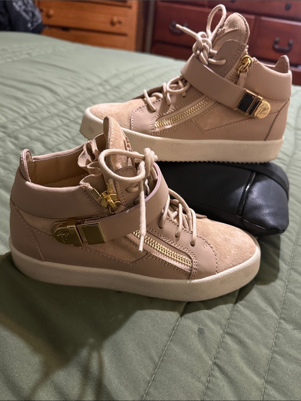 Giuseppe Zanotti Blush Suede & Leather High-Top Booties with Gold Hardware